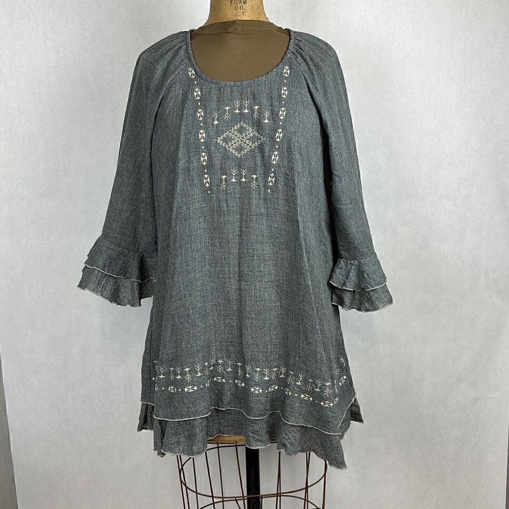 Indigo Soul Dress Tunic Women M Gray Embroidered 3/4 Ruffle Sleeve Hem Round Nec